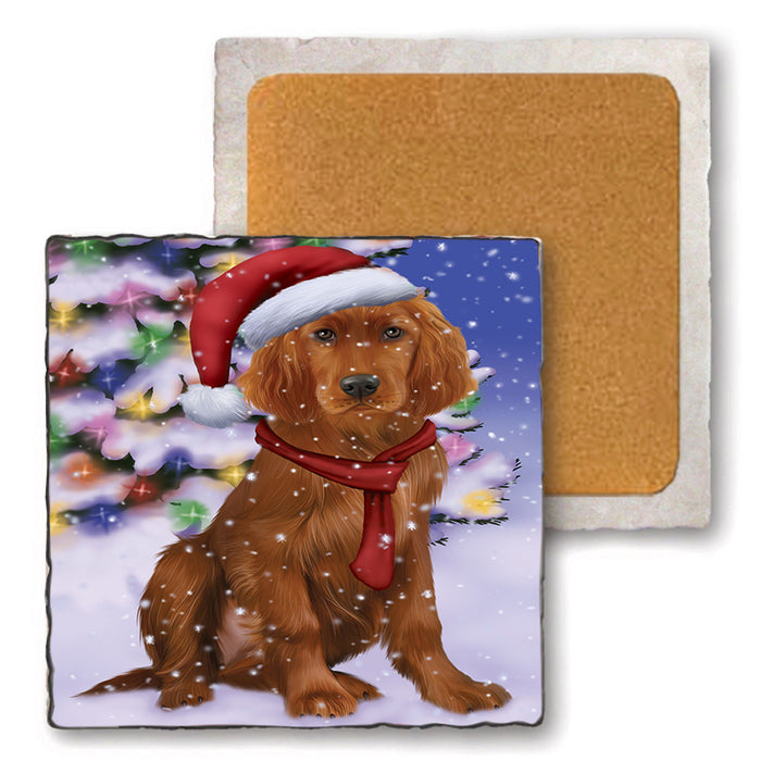 Winterland Wonderland Irish Setter Dog In Christmas Holiday Scenic Background Set of 4 Natural Stone Marble Tile Coasters MCST48763