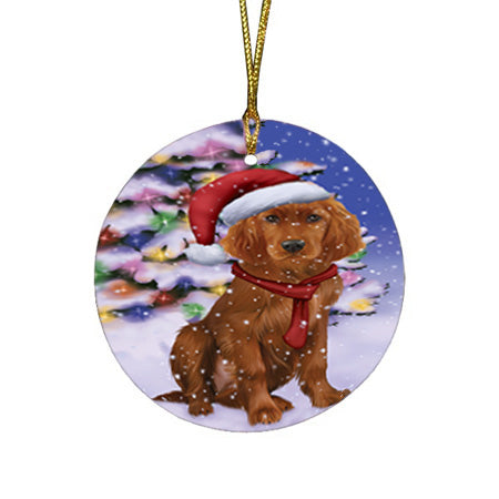 Winterland Wonderland Irish Setter Dog In Christmas Holiday Scenic Background Round Flat Christmas Ornament RFPOR53754