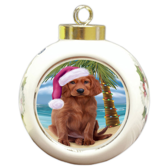 Summertime Happy Holidays Christmas Irish Setter Dog on Tropical Island Beach Round Ball Christmas Ornament RBPOR54565