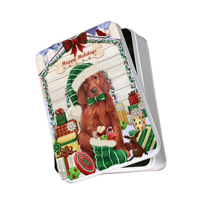 Happy Holidays Christmas Irish Setter Dog With Presents Photo Storage Tin PITN52667
