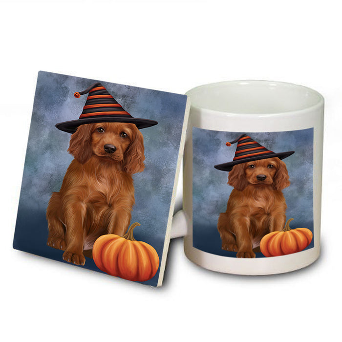 Happy Halloween Irish Setter Dog Wearing Witch Hat with Pumpkin Mug and Coaster Set MUC54725