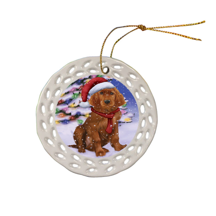 Winterland Wonderland Irish Setter Dog In Christmas Holiday Scenic Background Ceramic Doily Ornament DPOR53763