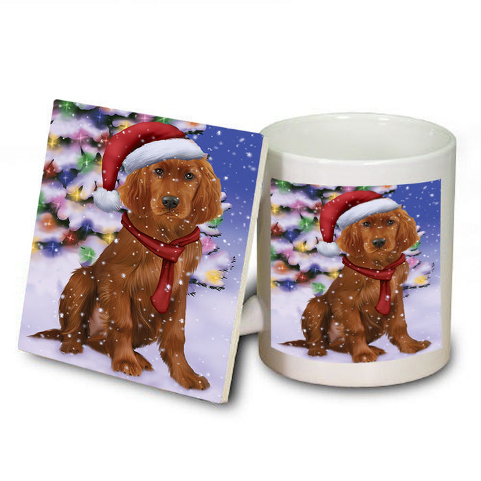 Winterland Wonderland Irish Setter Dog In Christmas Holiday Scenic Background Mug and Coaster Set MUC53755