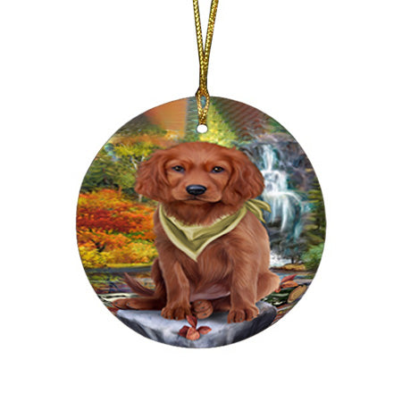 Scenic Waterfall Irish Setter Dog Round Flat Christmas Ornament RFPOR51895