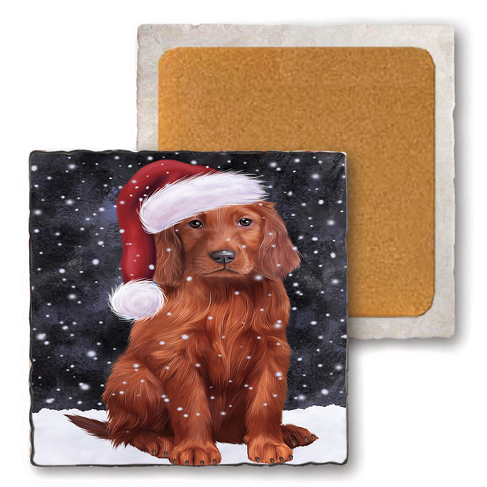 Let it Snow Christmas Holiday Irish Setter Dog Wearing Santa Hat Set of 4 Natural Stone Marble Tile Coasters MCST49305