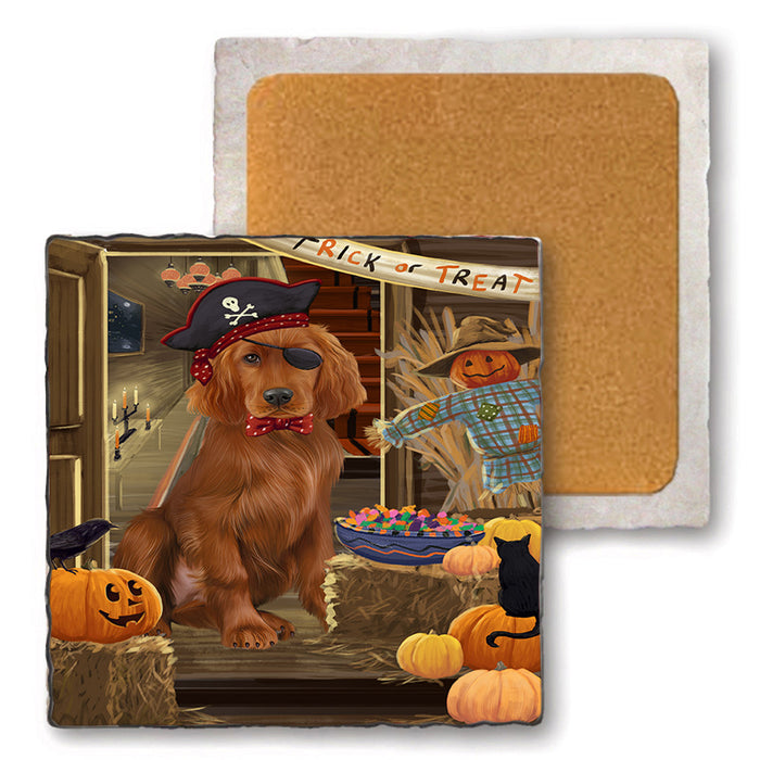 Enter at Own Risk Trick or Treat Halloween Irish Setter Dog Set of 4 Natural Stone Marble Tile Coasters MCST48161