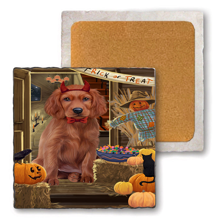 Enter at Own Risk Trick or Treat Halloween Irish Setter Dog Set of 4 Natural Stone Marble Tile Coasters MCST48162