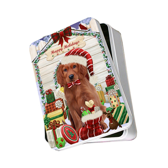 Happy Holidays Christmas Irish Setter Dog With Presents Photo Storage Tin PITN52669