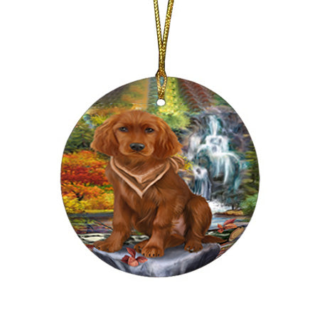 Scenic Waterfall Irish Setter Dog Round Flat Christmas Ornament RFPOR51897