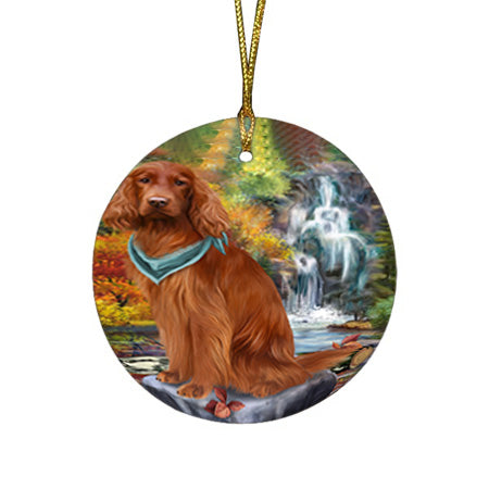 Scenic Waterfall Irish Setter Dog Round Flat Christmas Ornament RFPOR51898