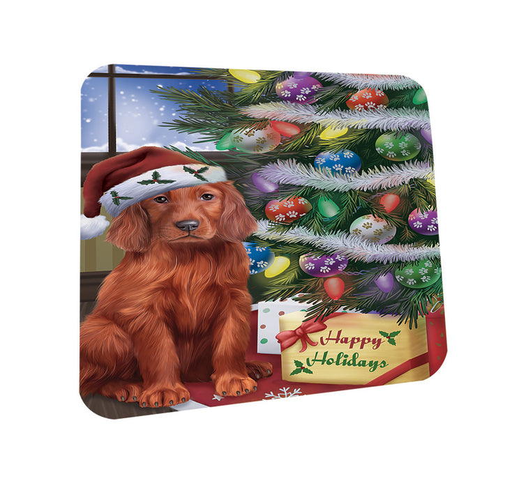 Christmas Happy Holidays Irish Setter Dog with Tree and Presents Coasters Set of 4 CST53419