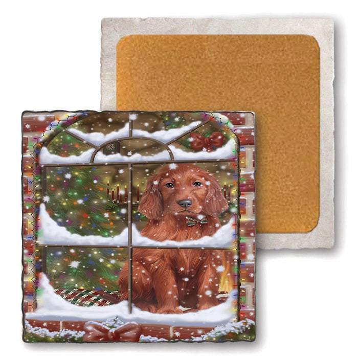 Please Come Home For Christmas Irish Setter Dog Sitting In Window Set of 4 Natural Stone Marble Tile Coasters MCST48635