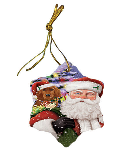Santa Carrying Irish Setter Dog and Christmas Presents Star Porcelain Ornament SPOR53683