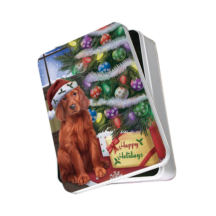Christmas Happy Holidays Irish Setter Dog with Tree and Presents Photo Storage Tin PITN53461