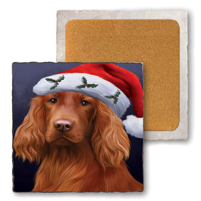 Christmas Holidays Irish Setter Dog Wearing Santa Hat Portrait Head Set of 4 Natural Stone Marble Tile Coasters MCST48499