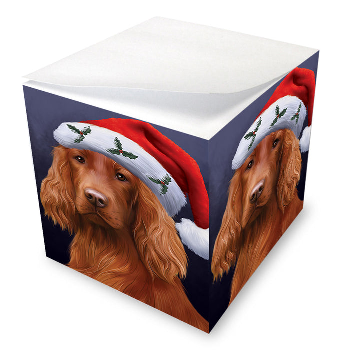 Christmas Holidays Irish Setter Dog Wearing Santa Hat Portrait Head Note Cube NOC55145