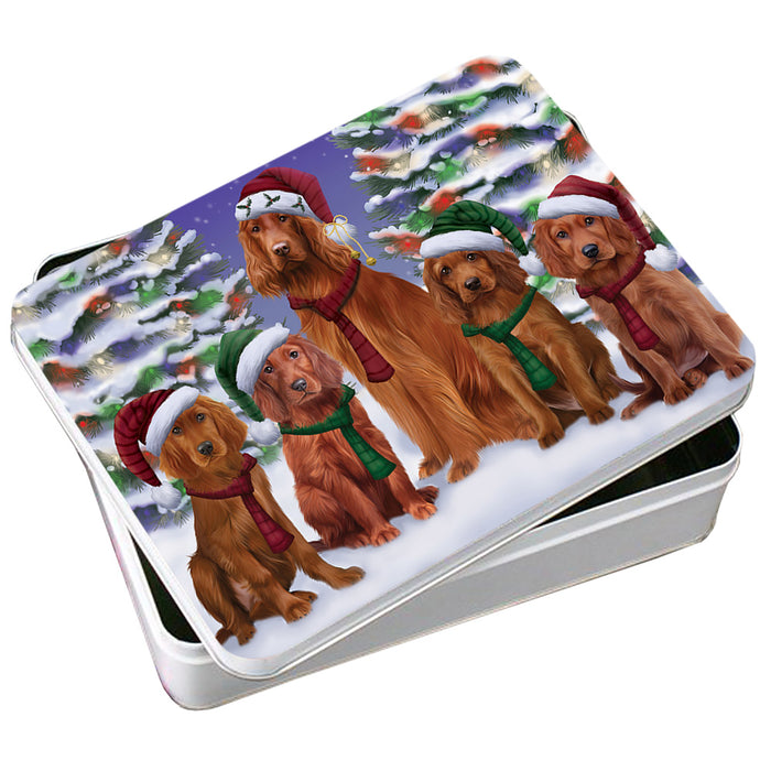 Irish Setters Dog Christmas Family Portrait in Holiday Scenic Background Photo Storage Tin PITN52715