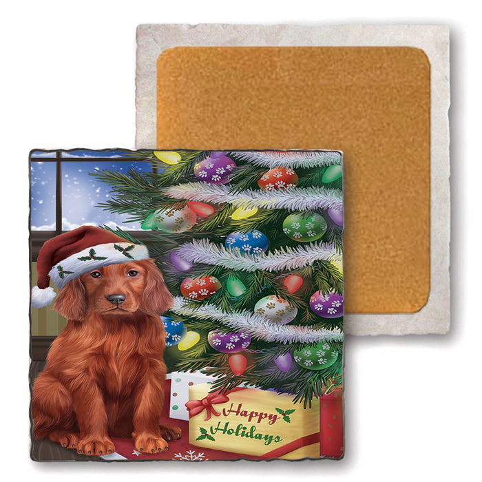 Christmas Happy Holidays Irish Setter Dog with Tree and Presents Set of 4 Natural Stone Marble Tile Coasters MCST48461
