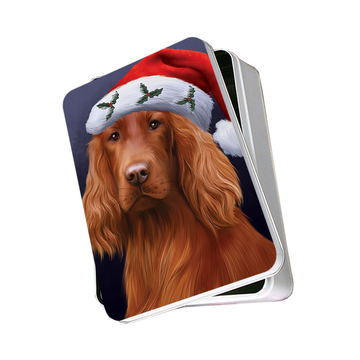 Christmas Holidays Irish Setter Dog Wearing Santa Hat Portrait Head Photo Storage Tin PITN53499
