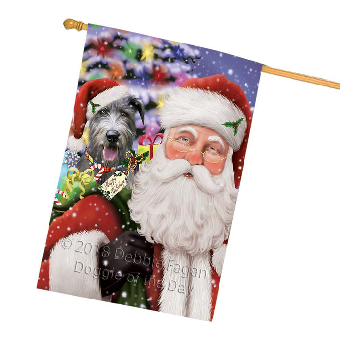 Santa Carrying Irish Wolfhound Dog and Christmas Presents House Flag FLG55937