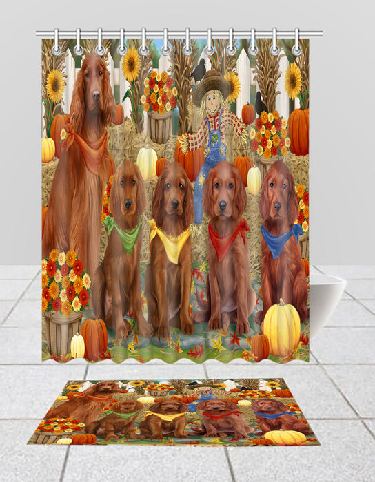 Fall Festive Harvest Time Gathering Irish Red Setter Dogs Bath Mat and Shower Curtain Combo