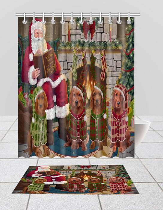 Christmas Cozy Holiday Fire Tails Irish Red Setter Dogs Bath Mat and Shower Curtain Combo