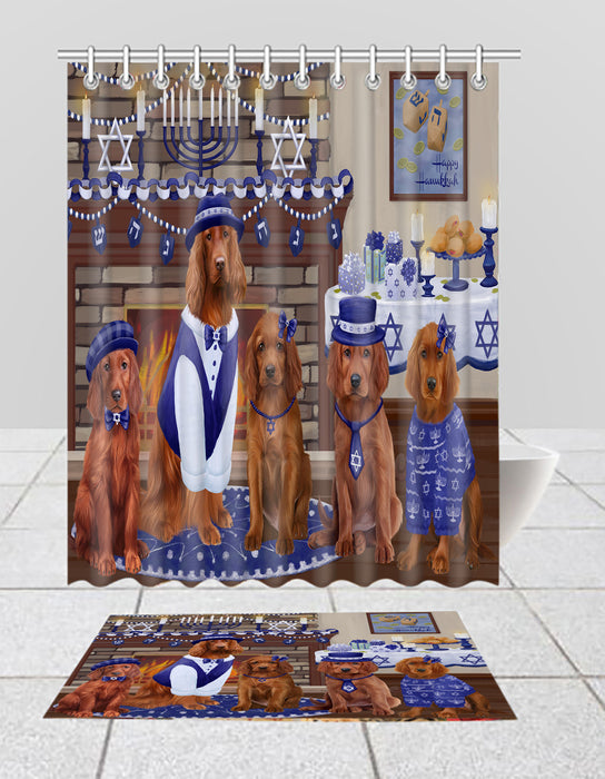 Happy Hanukkah Family Irish Red Setter Dogs Bath Mat and Shower Curtain Combo