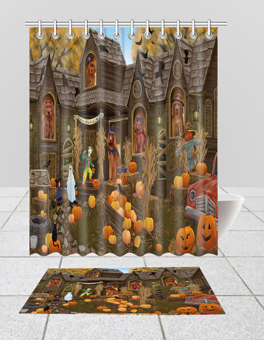 Haunted House Halloween Trick or Treat Irish Red Setter Dogs  Bath Mat and Shower Curtain Combo