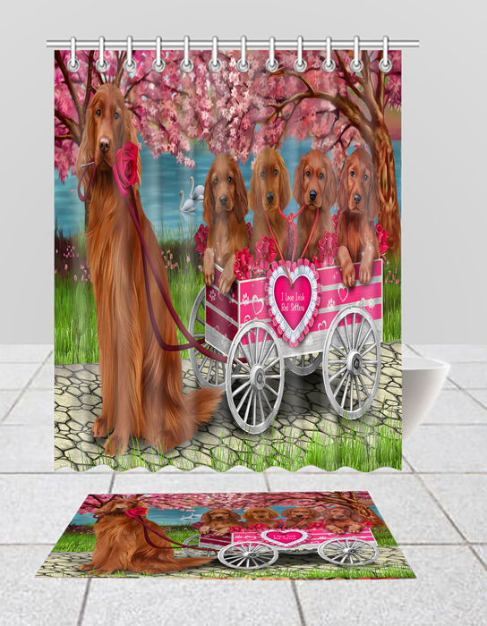 I Love Irish Red Setter Dogs in a Cart Bath Mat and Shower Curtain Combo