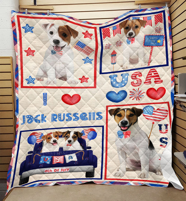 4th of July Independence Day I Love USA Jack Russell Dogs Quilt Bed Coverlet Bedspread - Pets Comforter Unique One-side Animal Printing - Soft Lightweight Durable Washable Polyester Quilt