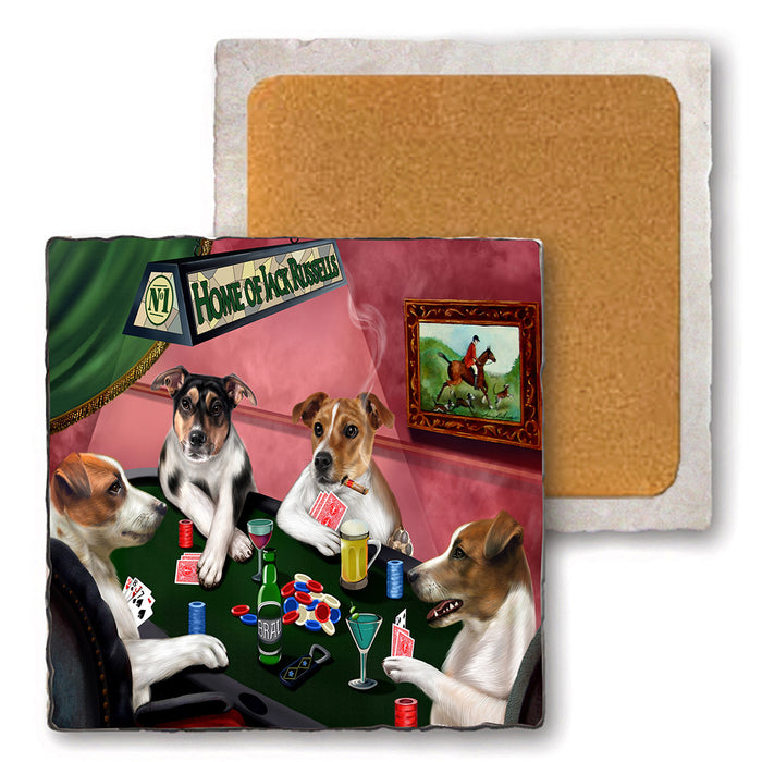 Set of 4 Natural Stone Marble Tile Coasters - Home of Jack Russell 4 Dogs Playing Poker MCST48030