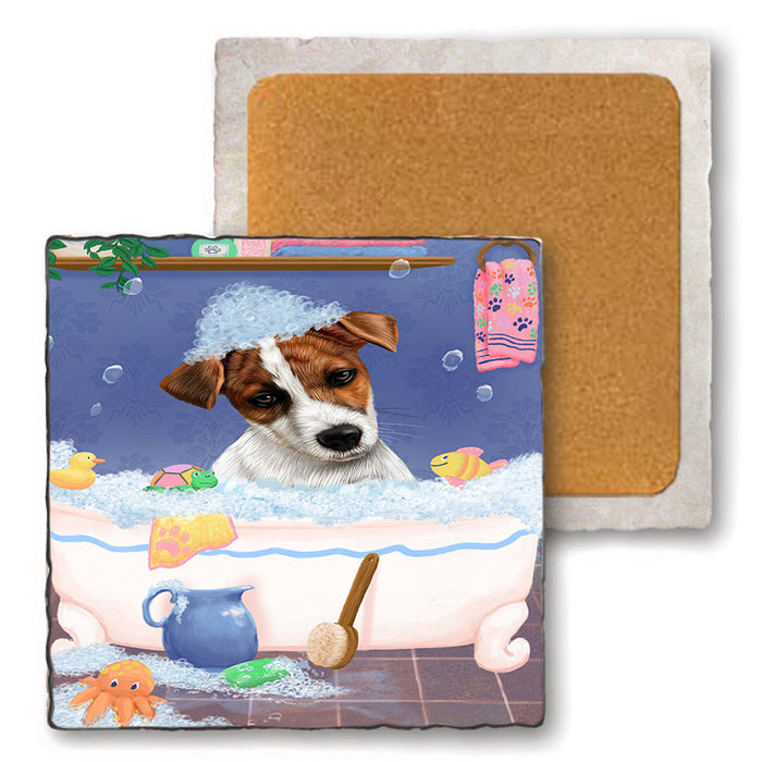 Rub A Dub Dog In A Tub Jack Russell Terrier Dog Set of 4 Natural Stone Marble Tile Coasters MCST52385
