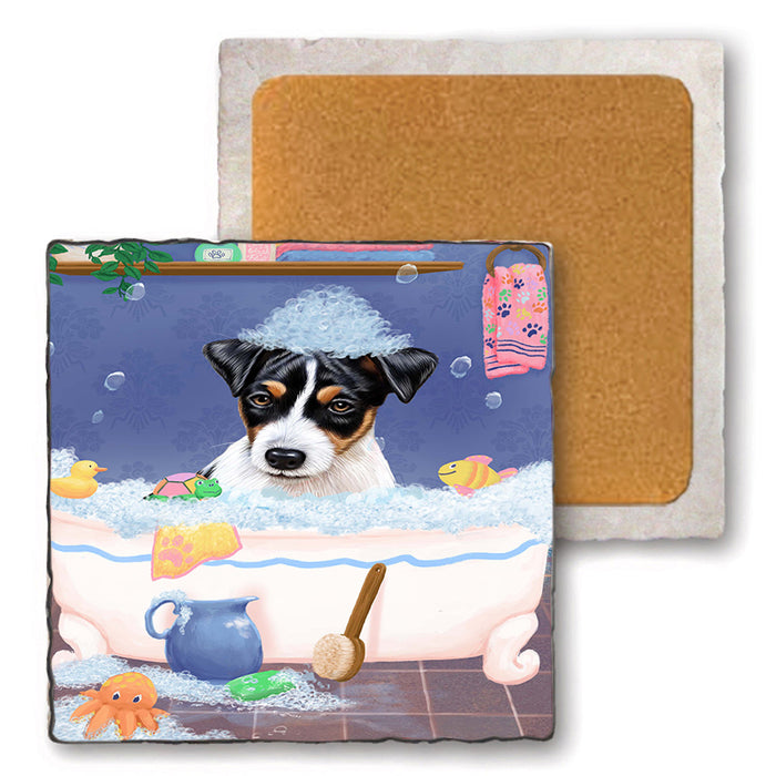 Rub A Dub Dog In A Tub Jack Russell Terrier Dog Set of 4 Natural Stone Marble Tile Coasters MCST52386