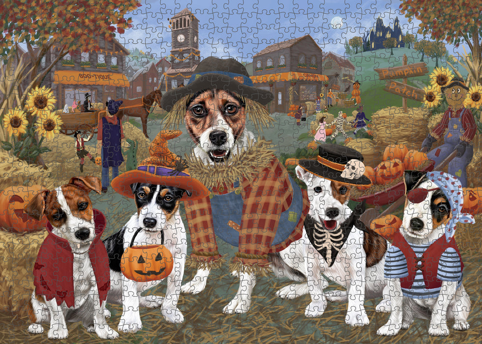 Halloween 'Round Town And Fall Pumpkin Scarecrow Both Jack Russell Terrier Dogs Puzzle with Photo Tin PUZL96328