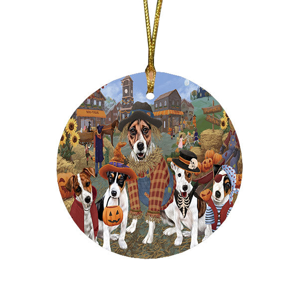 Halloween 'Round Town And Fall Pumpkin Scarecrow Both Jack Russell Terrier Dogs Round Flat Christmas Ornament RFPOR57409