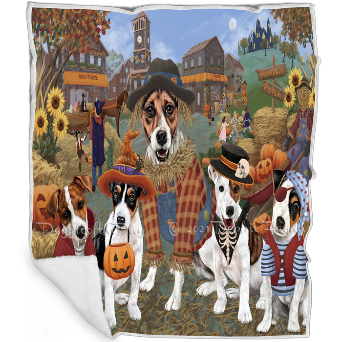 Halloween 'Round Town And Fall Pumpkin Scarecrow Both Jack Russell Terrier Dogs Blanket BLNKT139007