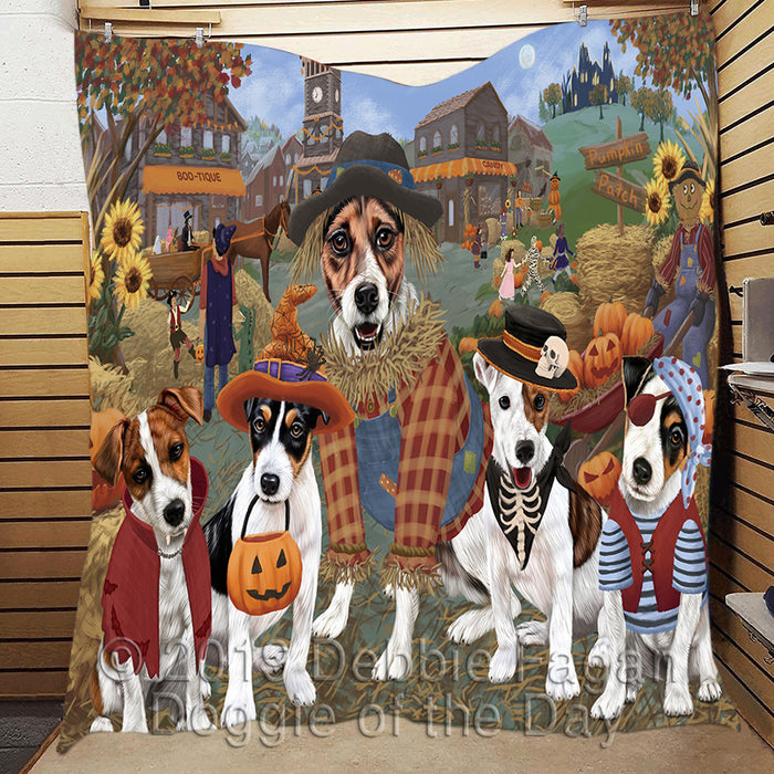 Halloween 'Round Town and Fall Pumpkin Scarecrow Both Jack Russell Dogs Quilt