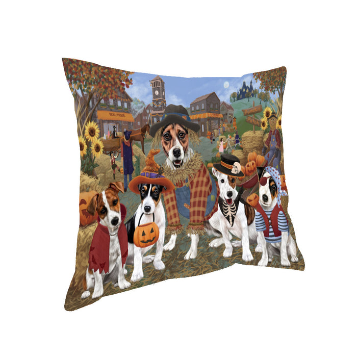 Halloween 'Round Town And Fall Pumpkin Scarecrow Both Jack Russell Terrier Dogs Pillow PIL82420