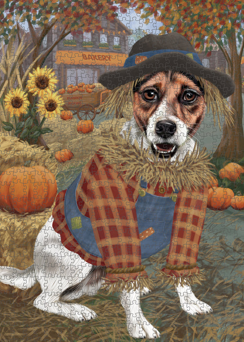 Halloween 'Round Town And Fall Pumpkin Scarecrow Both Jack Russell Terrier Dogs Puzzle with Photo Tin PUZL96572