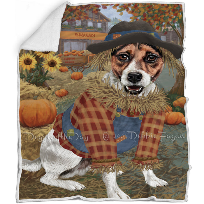 Halloween 'Round Town And Fall Pumpkin Scarecrow Both Jack Russell Terrier Dogs Blanket BLNKT139556