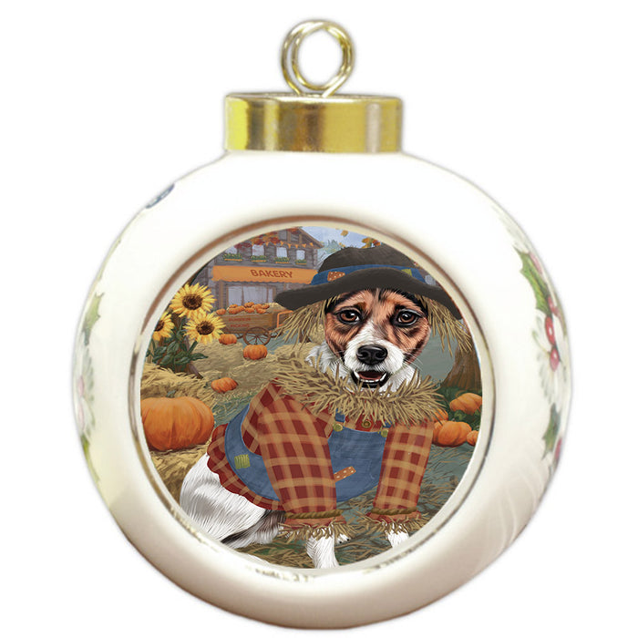 Halloween 'Round Town And Fall Pumpkin Scarecrow Both Jack Russell Terrier Dogs Round Ball Christmas Ornament RBPOR57470