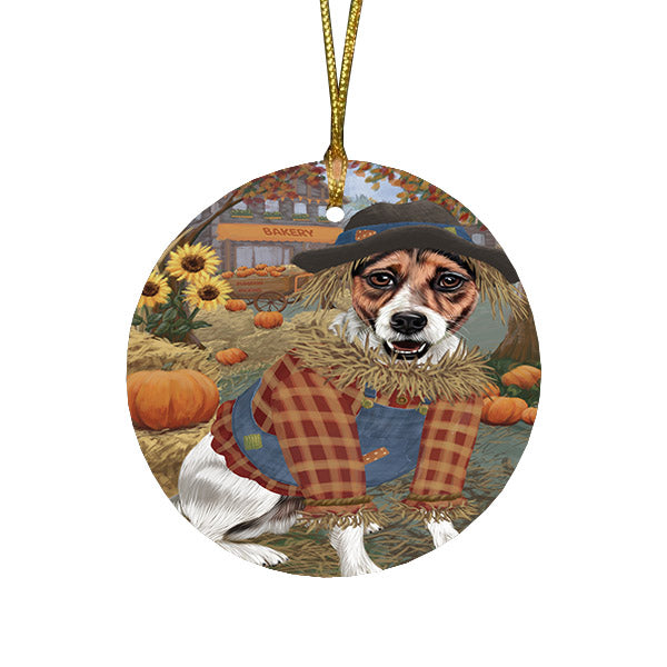 Halloween 'Round Town And Fall Pumpkin Scarecrow Both Jack Russell Terrier Dogs Round Flat Christmas Ornament RFPOR57470