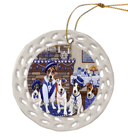 Happy Hanukkah Family Jack Russell Terrier Dogs Ceramic Doily Ornament DPOR57627