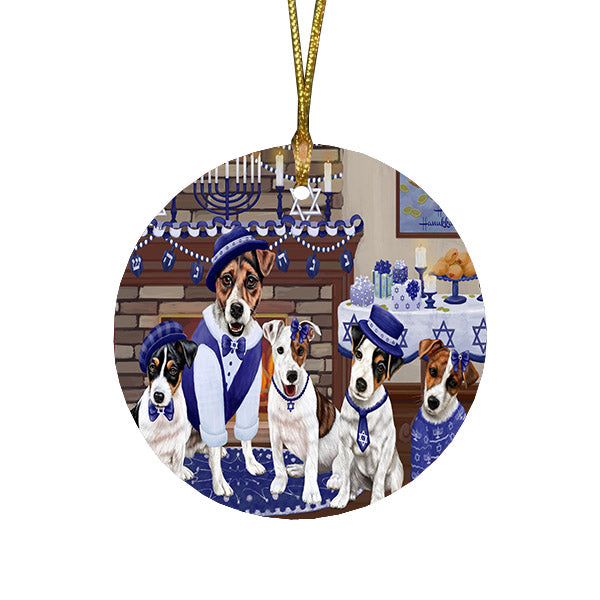 Happy Hanukkah Family and Happy Hanukkah Both Jack Russell Terrier Dogs Round Flat Christmas Ornament RFPOR57531