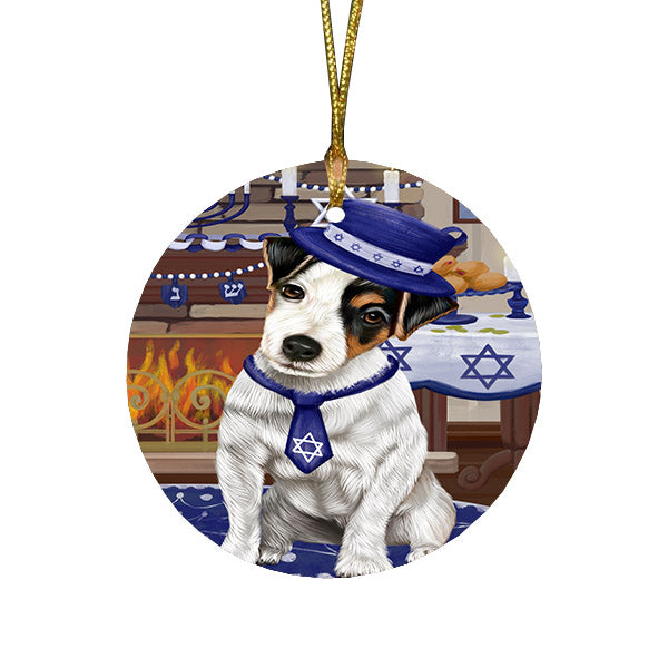 Happy Hanukkah Family and Happy Hanukkah Both Jack Russell Terrier Dog Round Flat Christmas Ornament RFPOR57587