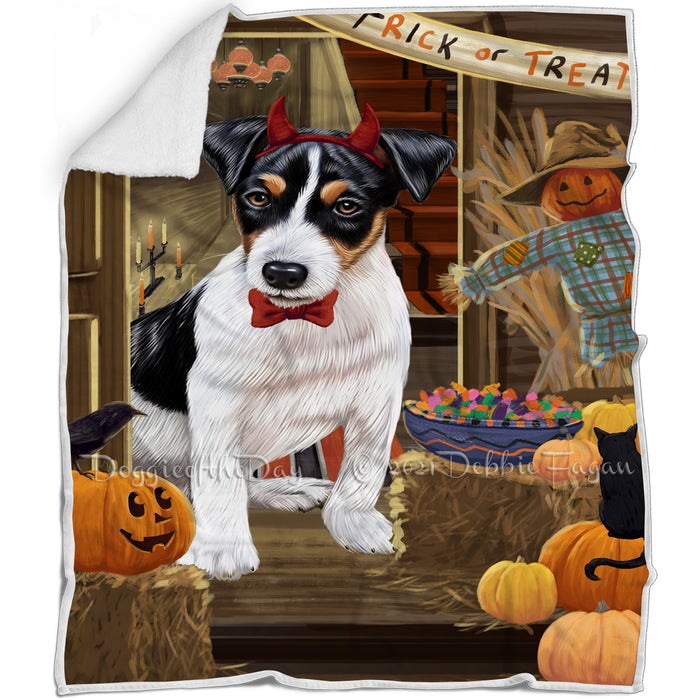Enter at Own Risk Trick or Treat Halloween Jack Russell Terrier Dog Blanket BLNKT95844