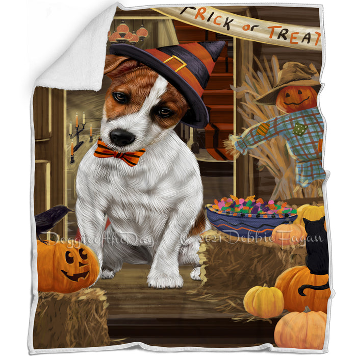 Enter at Own Risk Trick or Treat Halloween Jack Russell Terrier Dog Blanket BLNKT95853