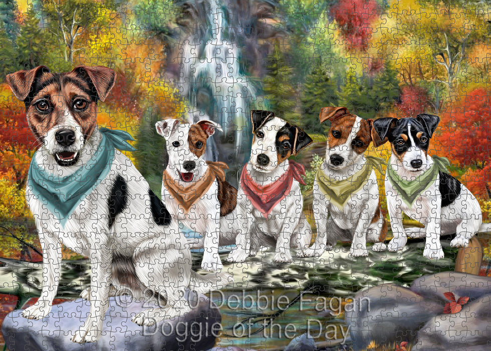 Scenic Waterfall Jack Russell Terrier Dogs Portrait Jigsaw Puzzle for Adults Animal Interlocking Puzzle Game Unique Gift for Dog Lover's with Metal Tin Box