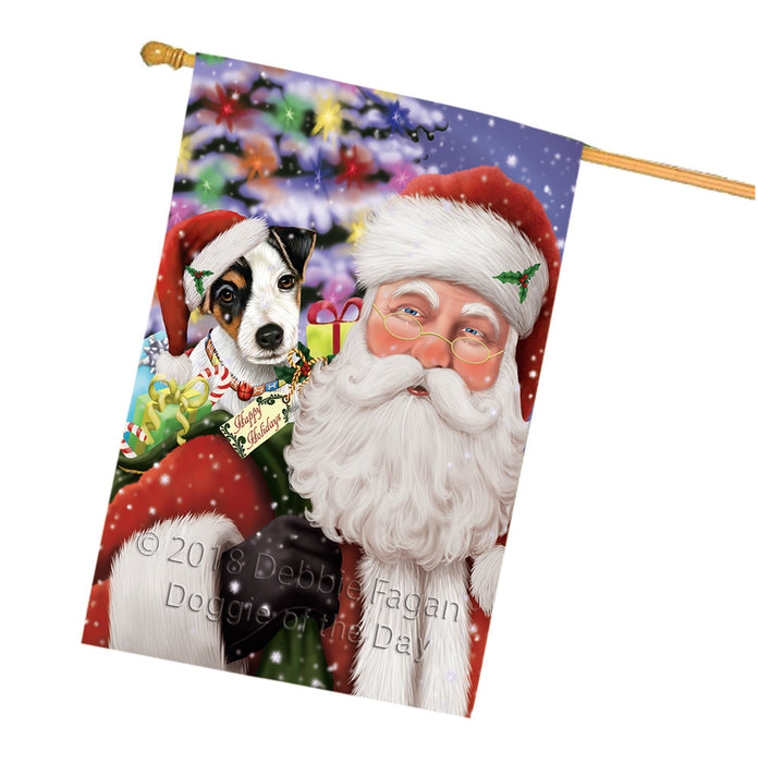 Santa Carrying Jack Russell Terrier Dog and Christmas Presents House Flag FLG54192