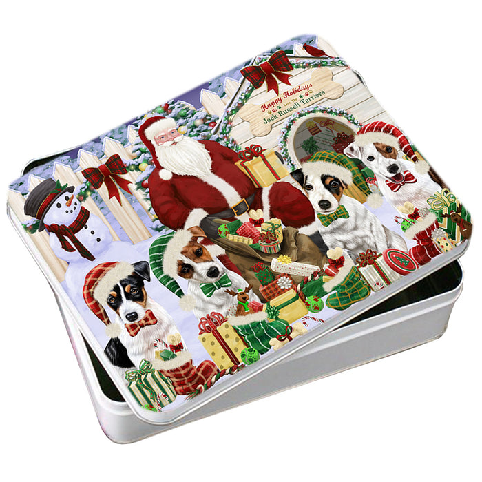 Happy Holidays Christmas Jack Russell Terriers Dog House Gathering Photo Storage Tin PITN51456